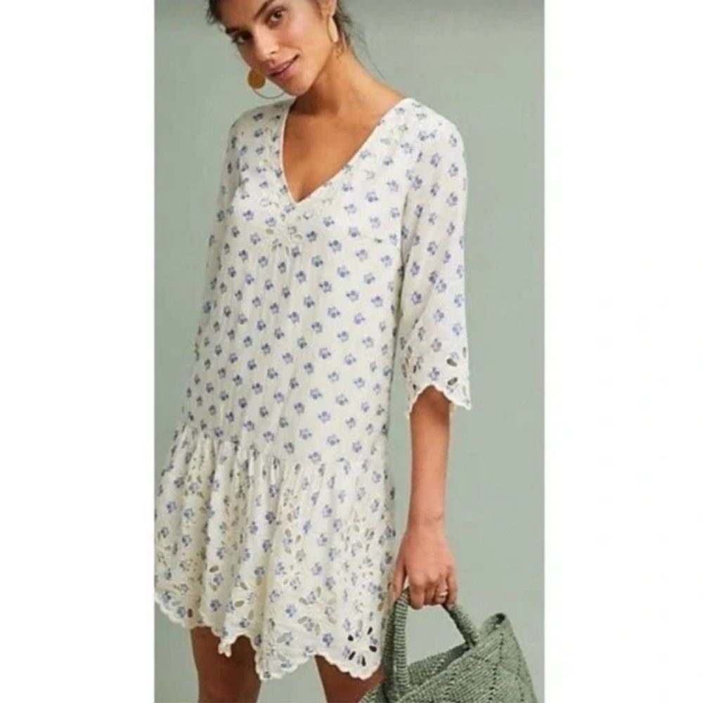 Meadow Rue by Anthropologie cream with blue flowers eylet drop waist dress M